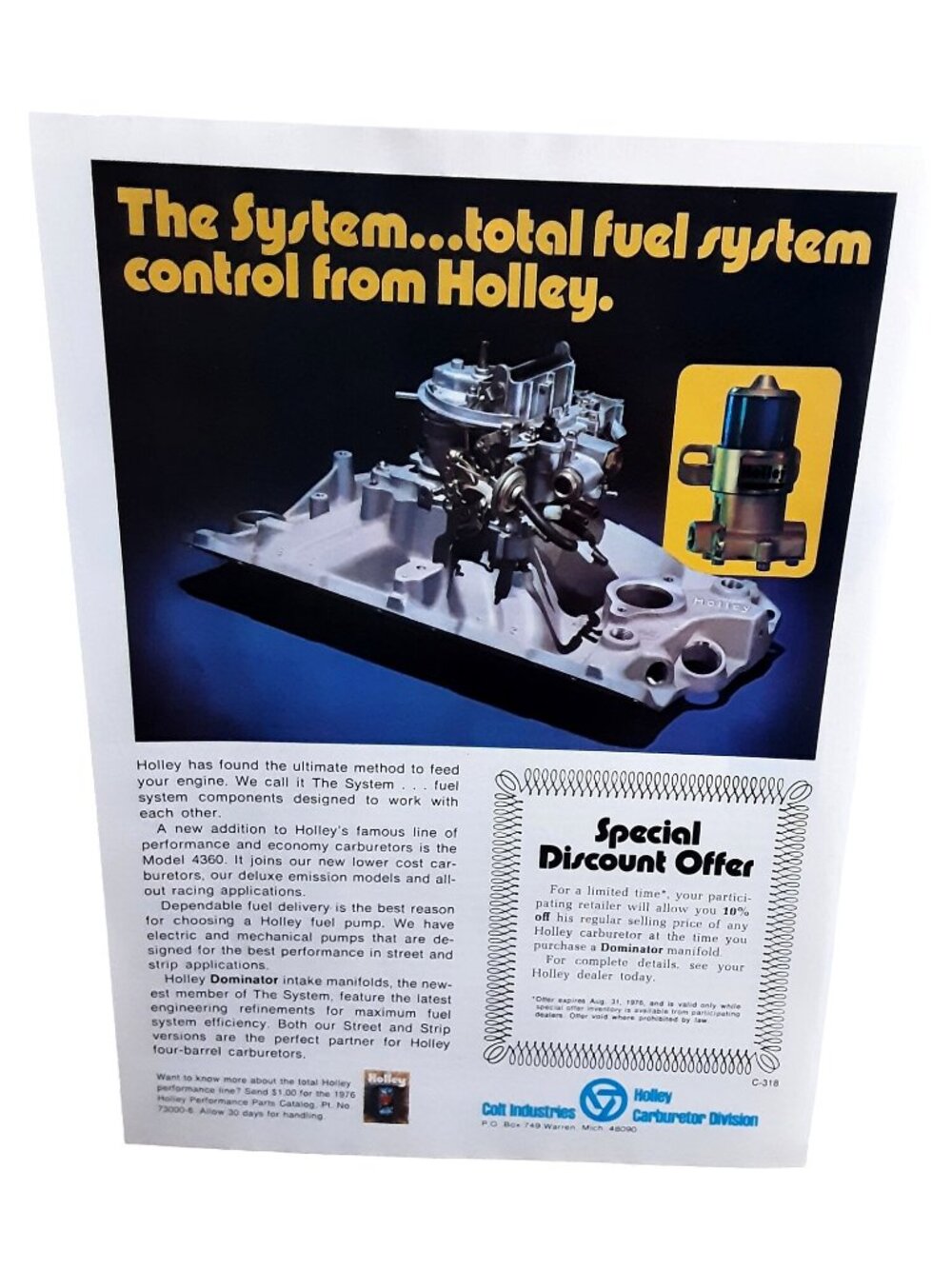 1976 Holley Carburetor Dominator Fuel System Vintage Automotive Ad